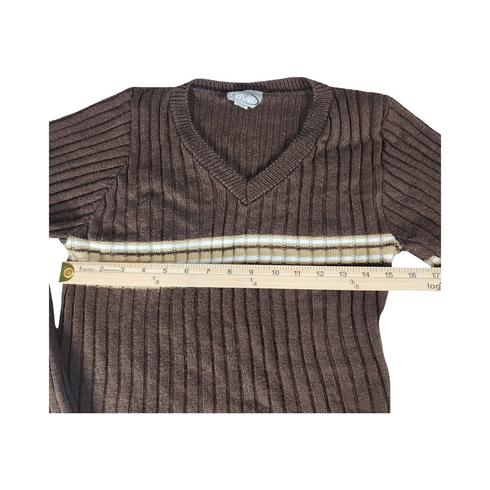 Vintage Rave Brown Ribbed Striped V-Neck Sweater Y2K Made in‎ USA Medium - Picture 7 of 9